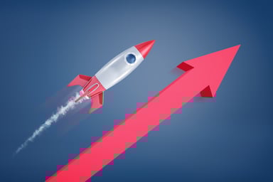 A rocket flying over an arrow.