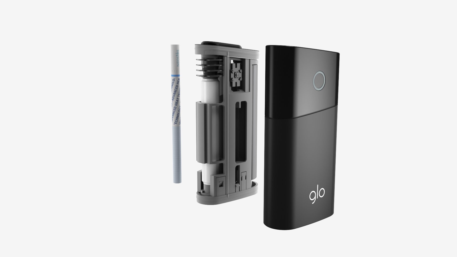 glo heated tobacco device separated into component parts.