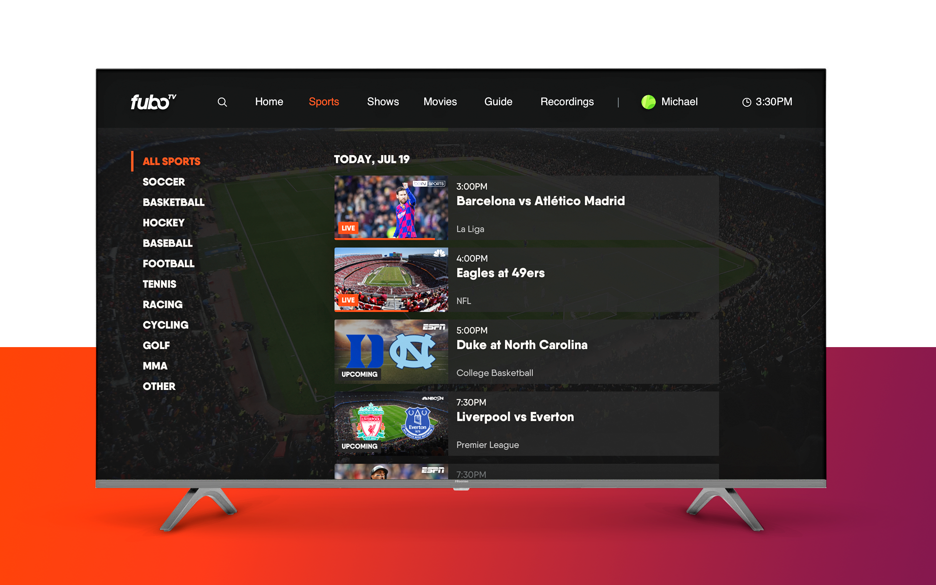 A fuboTV screen shows channel options