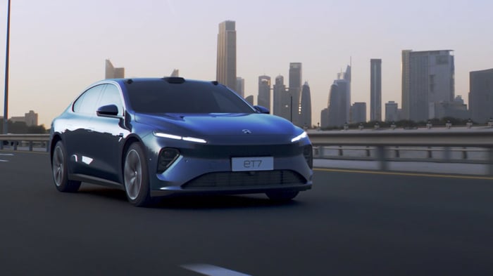 Nio ET7 luxury electric sedan in front of city skyline.