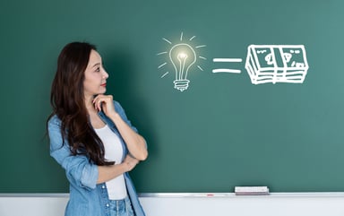 Light bulb and money on chalkboard with woman