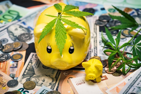 A yellow piggy bank sits atop piles of cash with a marijuana leaf on top.