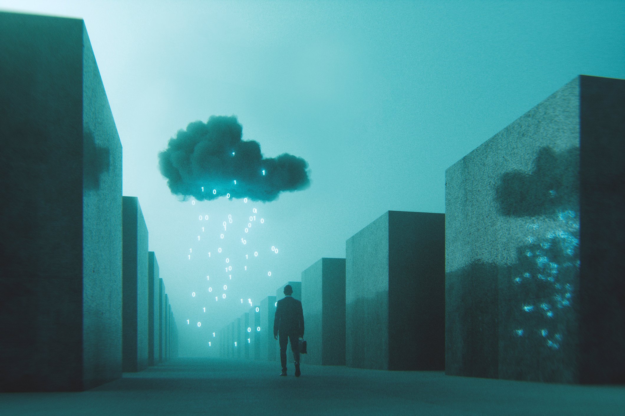 A man with briefcase walks down an empty street with a cloud over him and electric lights raining down. 