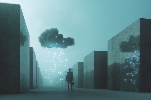 A man with briefcase walks down an empty street with a cloud over him and electric lights raining down. 