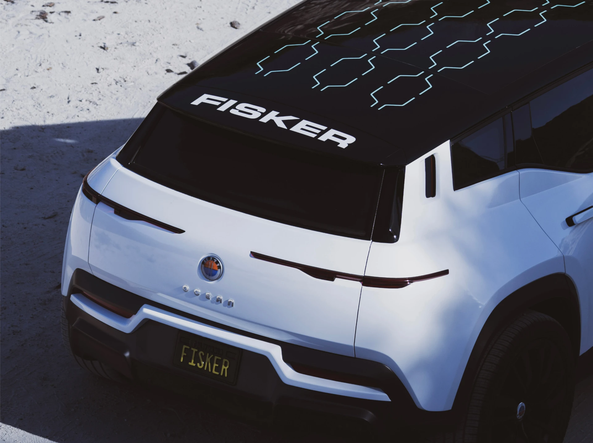 white Fisker electric SUV with optional solar pv roof.