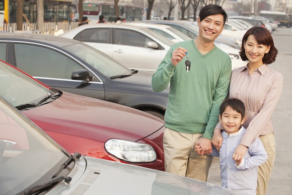 Family on car lot holding car keys.