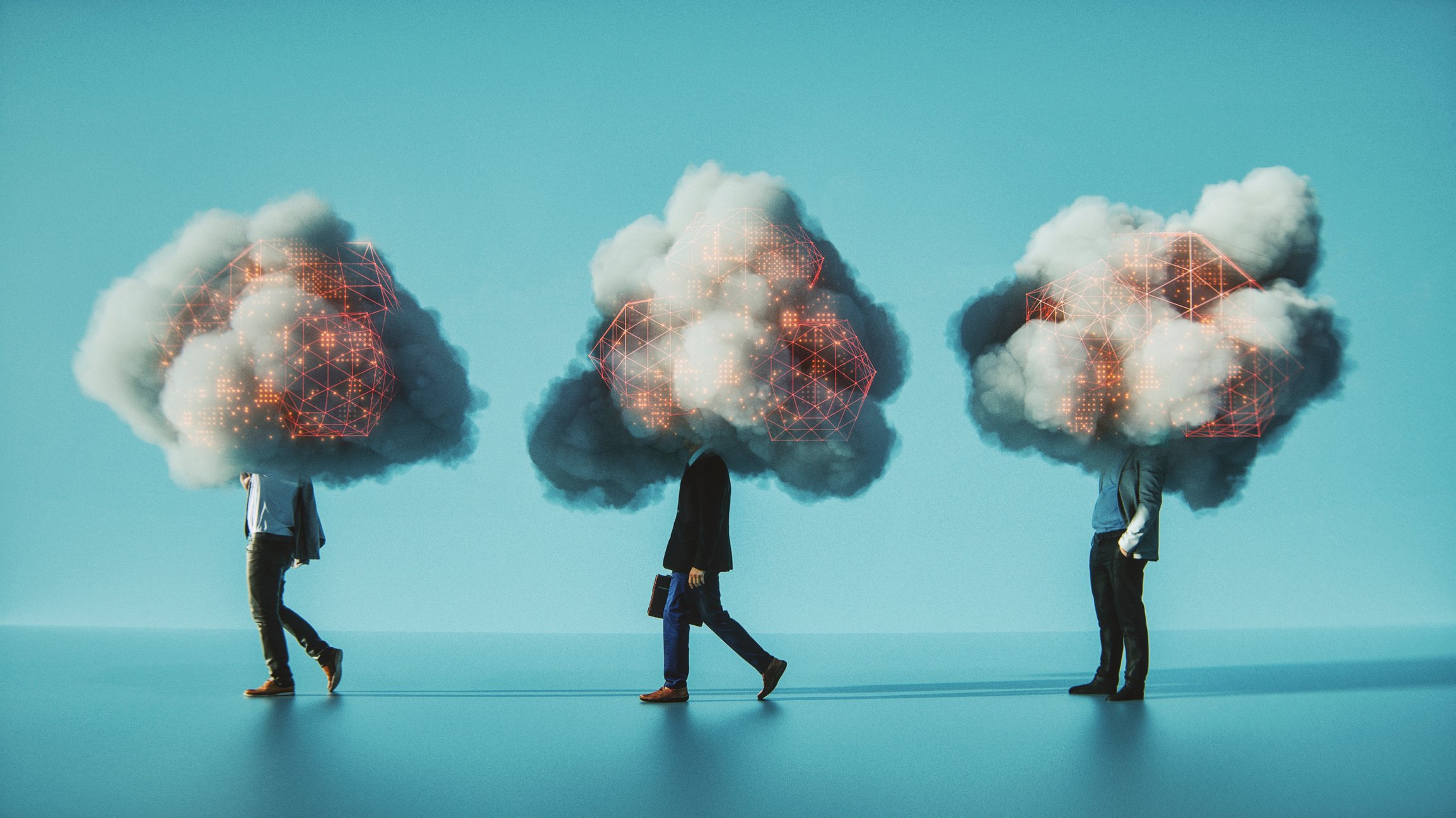 Three people with their heads engulfed by "digital" clouds.