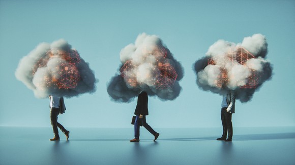 Three people with their heads engulfed by "digital" clouds.