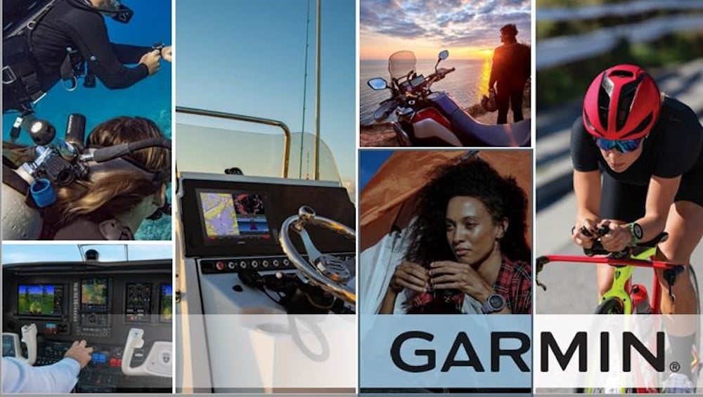 Garmin images highlighting devices for divers, pilots, boaters, and bikers. 
