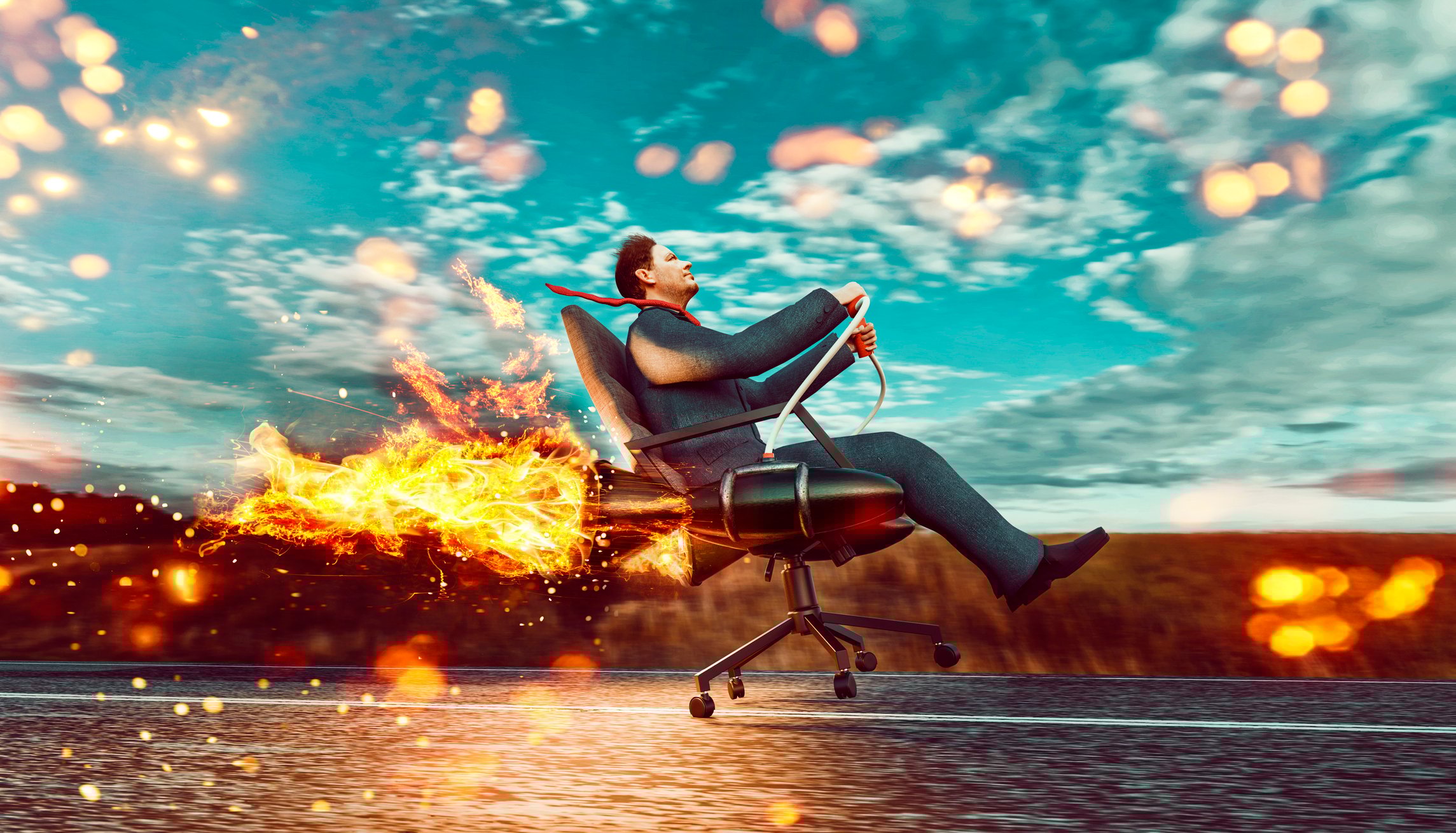Man on rocket-powered chair moving forwards