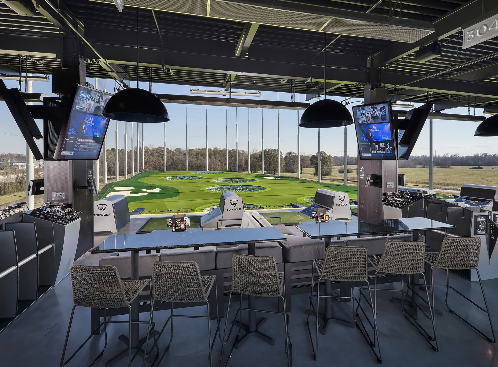 A view from the driving lanes at the Topgolf location in Baton Rouge, Louisiana
