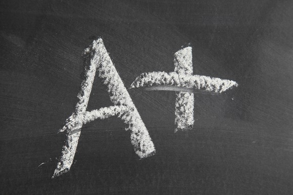 A+ written in chalk on a blackboard