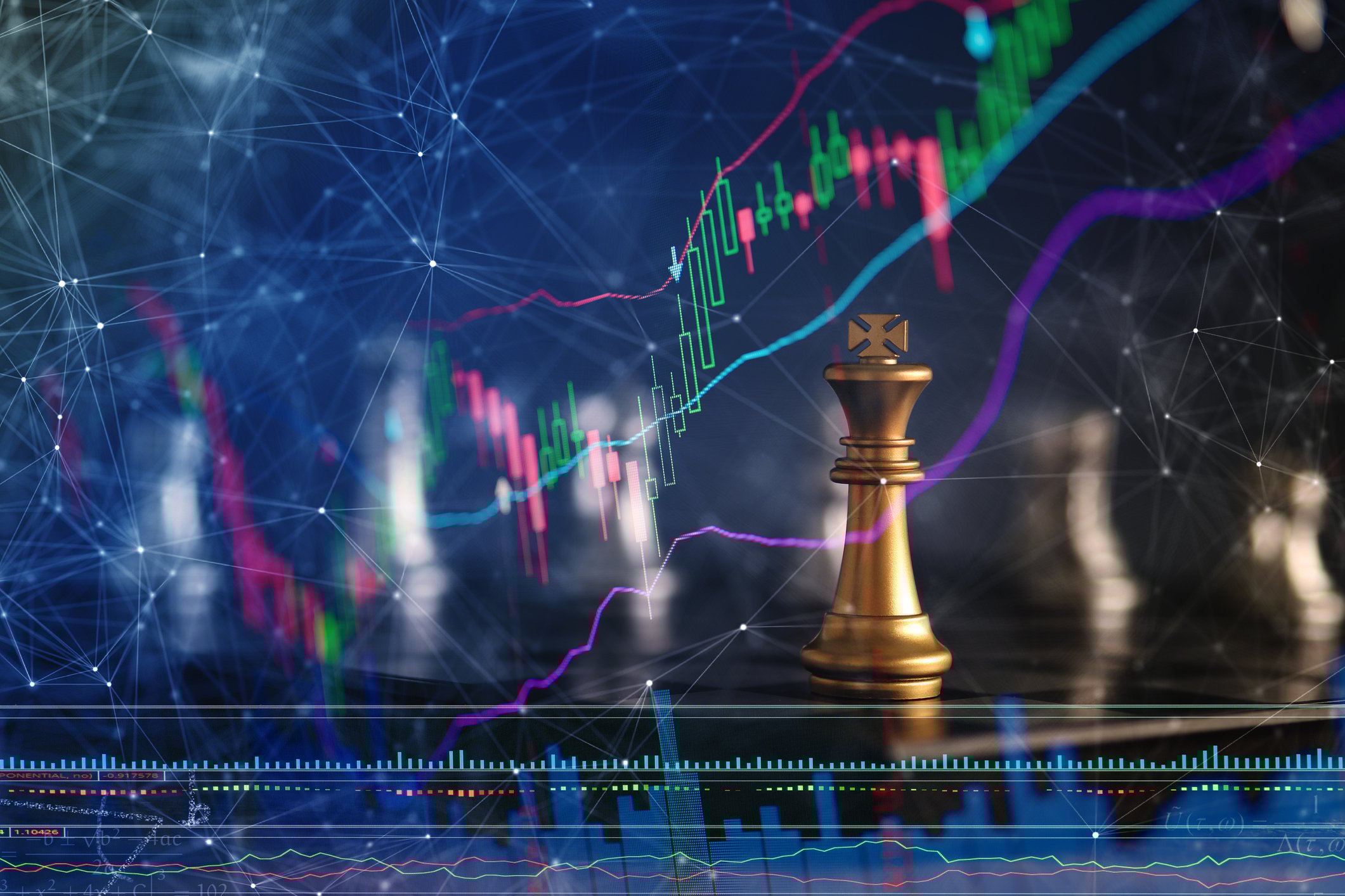 Dividend King concept with a golden chess king in front of a rising stock or dividend chart.