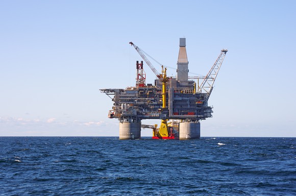 An offshore oil rig. 