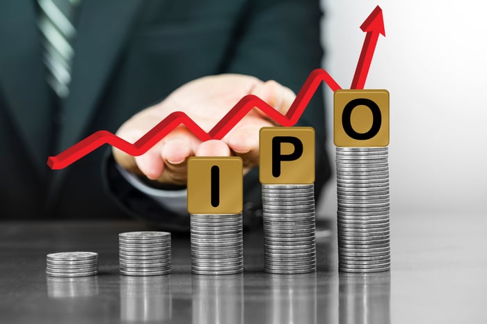 A stack of coins moving higher with IPO letters and an upward moving stock chart.