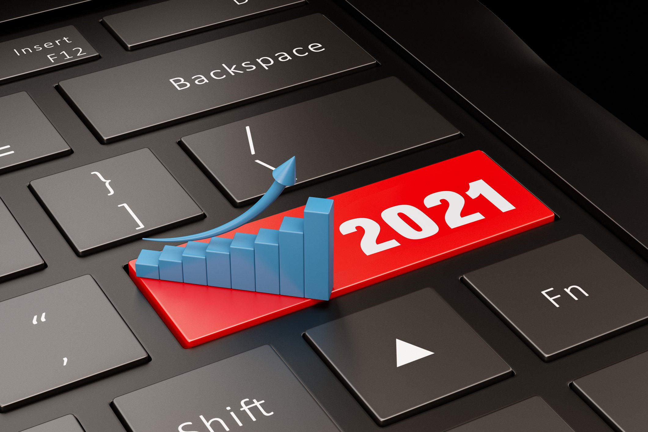 A rising business chart resting on a key marked "2021" on a computer keyboard.