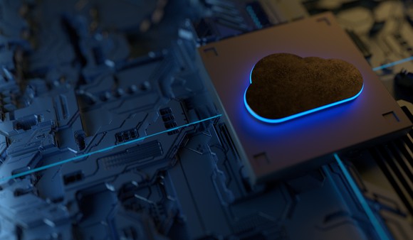 Computer chip with a cloud outline on it.