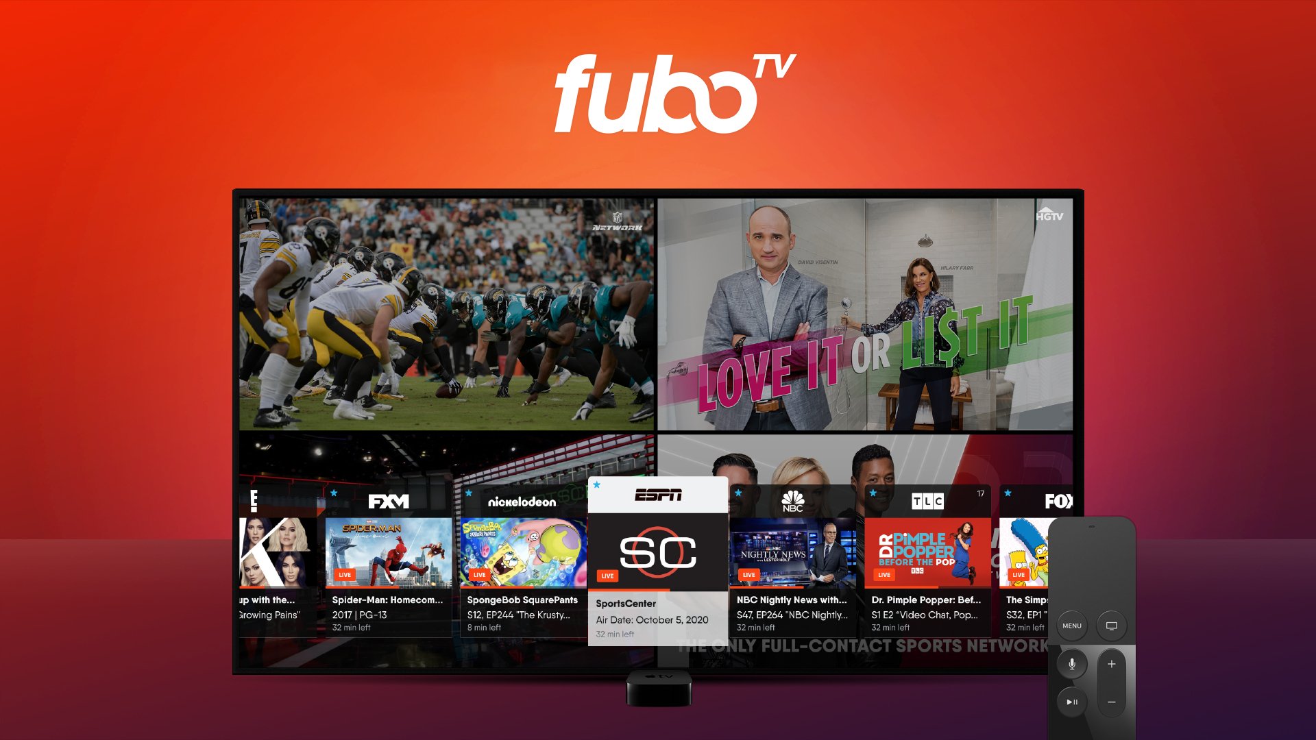 a TV console displays the interaction screen for fuboTV and a TV remote