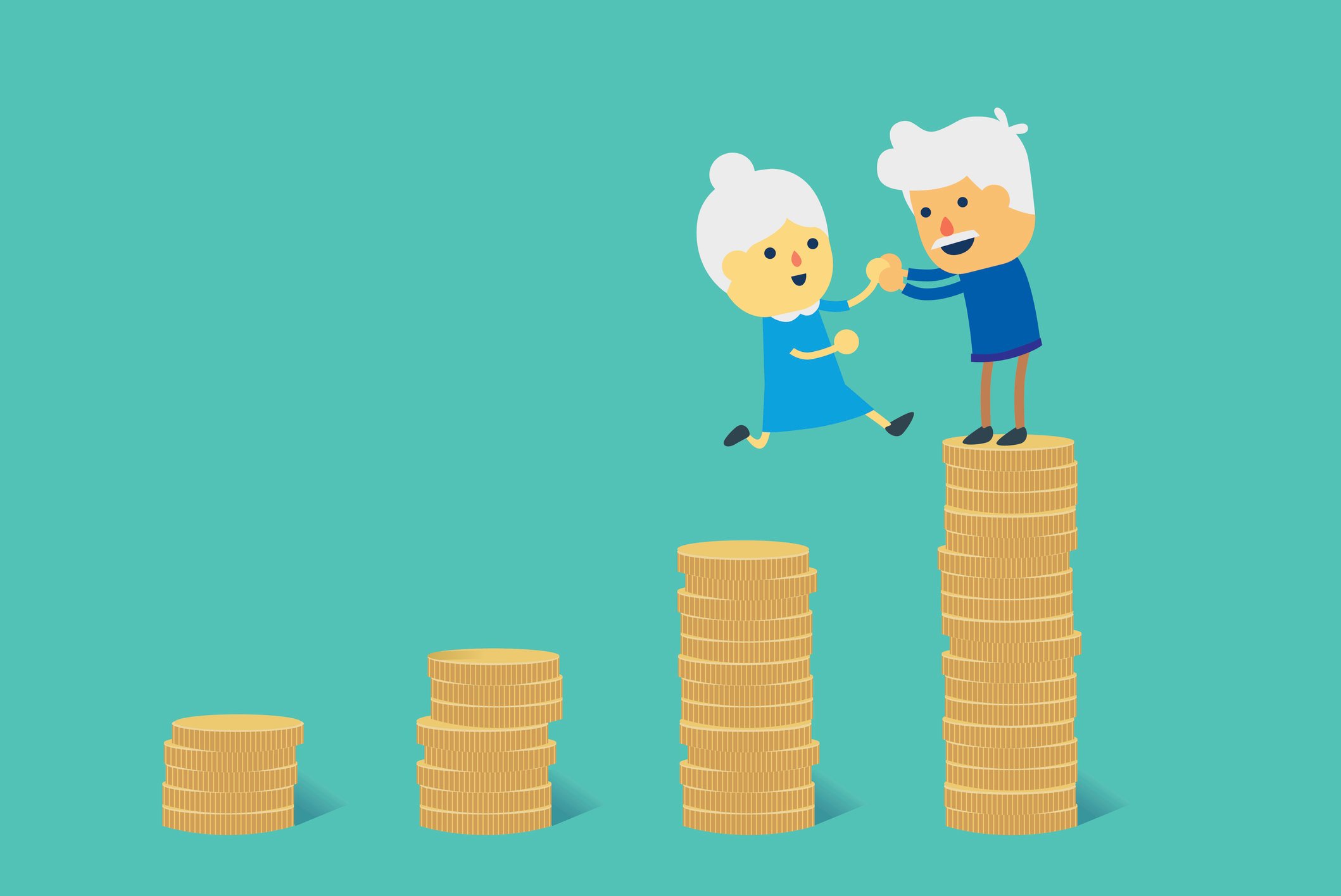 Older people standing on coins. 