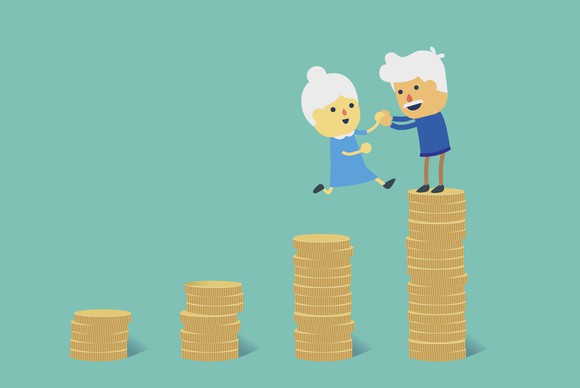 Older people standing on coins. 
