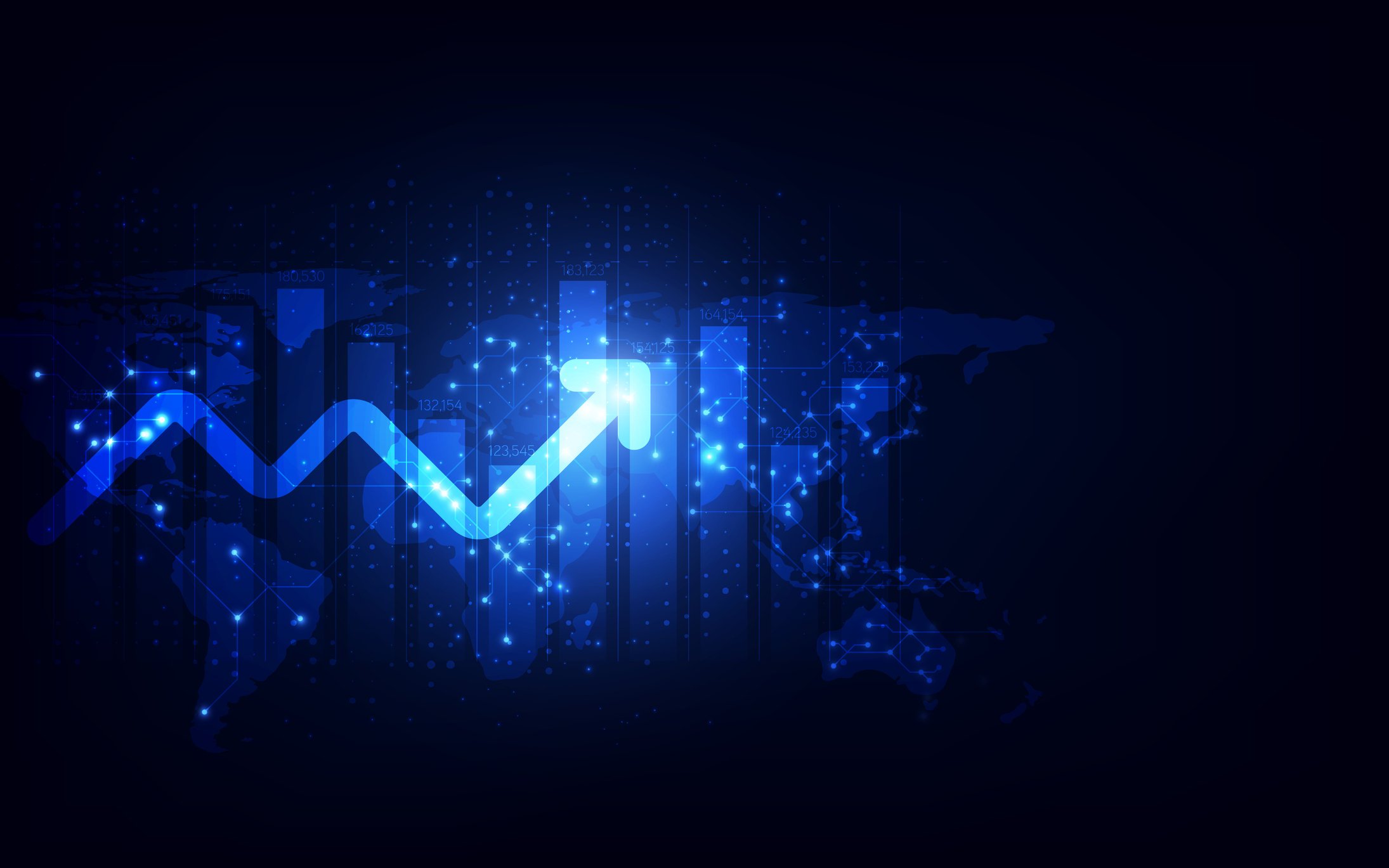 A bar chart and a line with an arrow moving up.