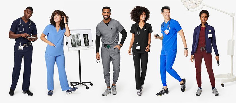6 healthcare pros wearing FIGS scrubs