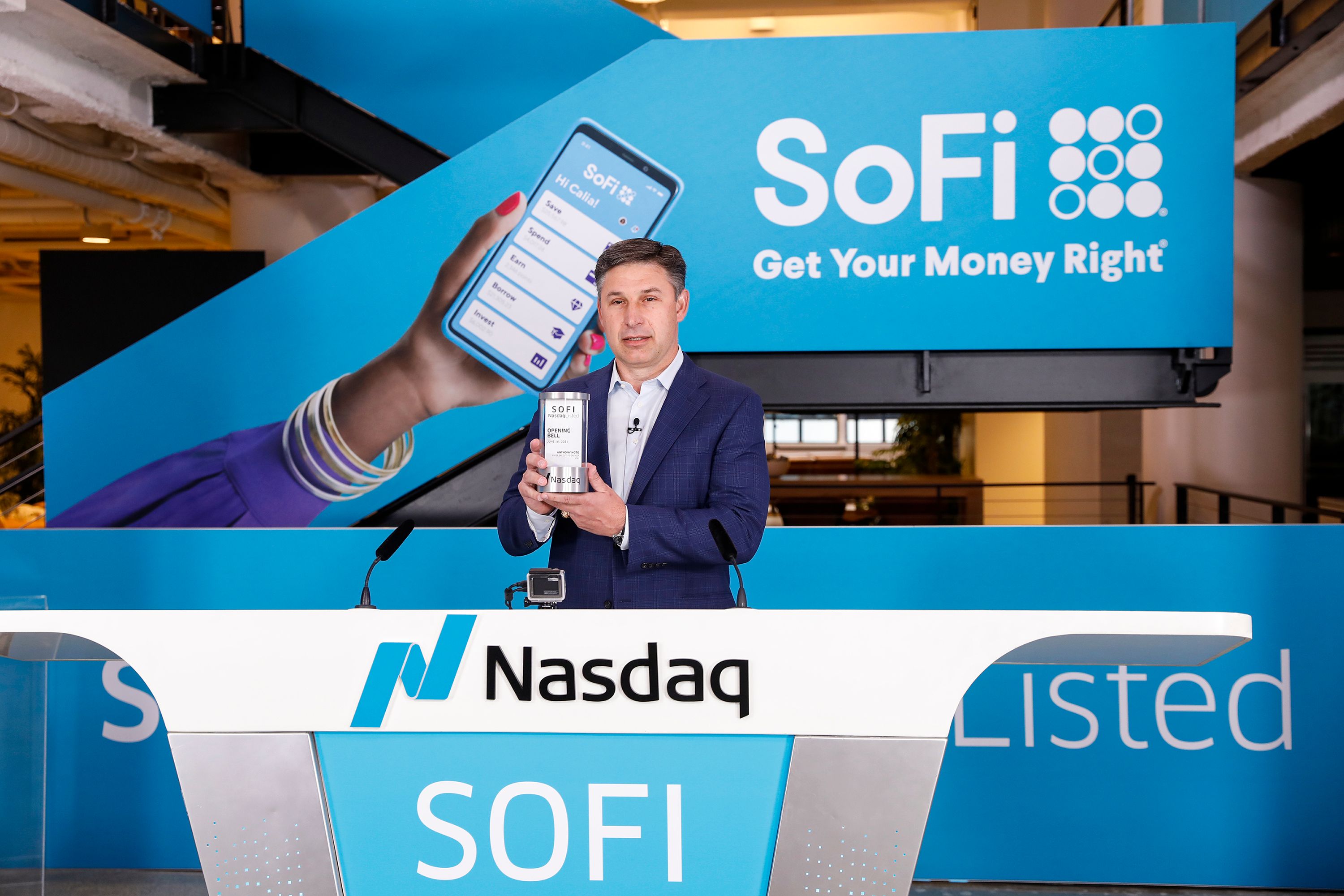 SoFi CEO Anthony Noto at the Nasdaq stock exchange on the company's listing day.