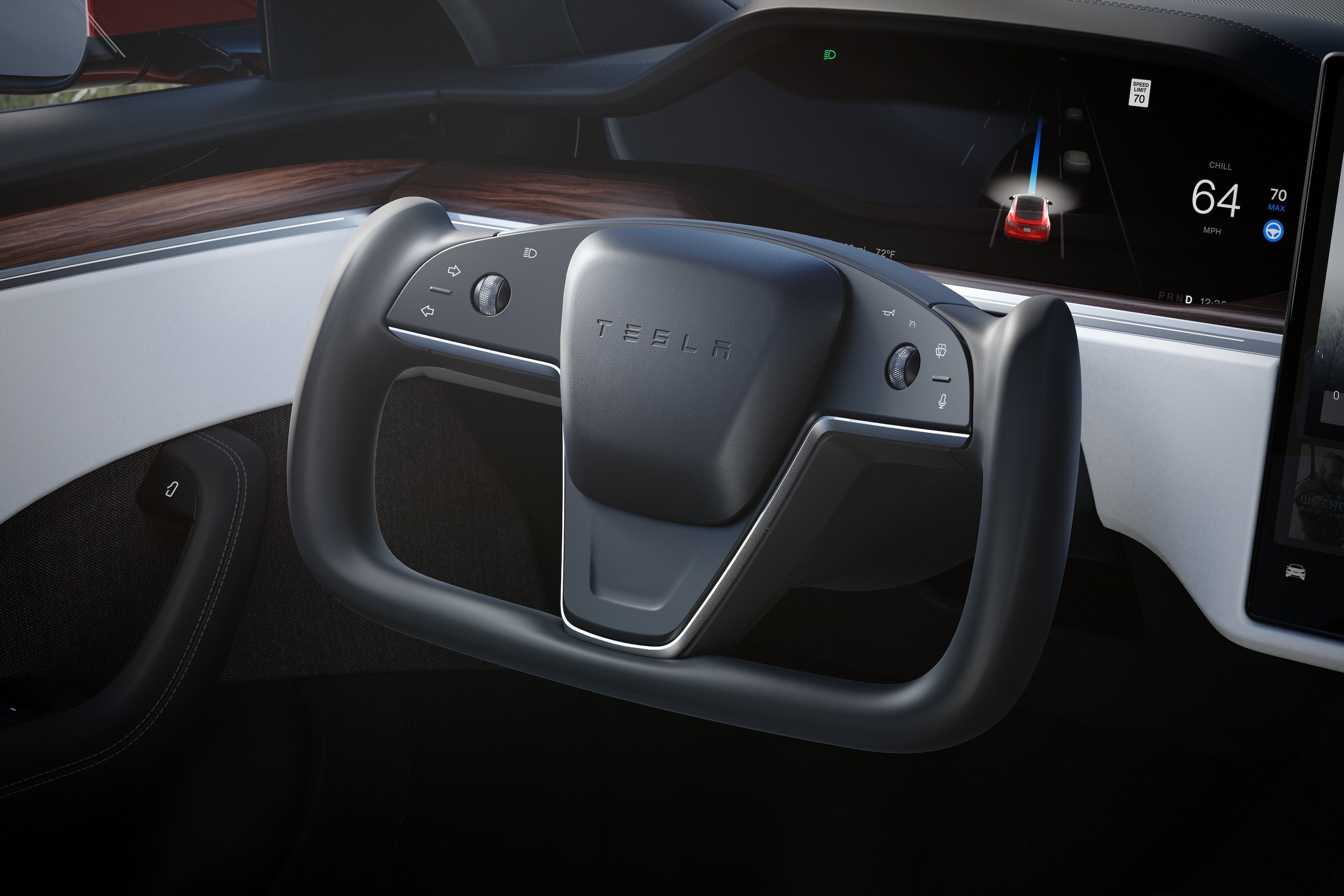 A close-up of the dashboard of a 2021 Tesla Model S.