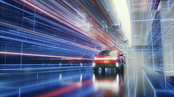High-tech car speeding on futuristic road. 