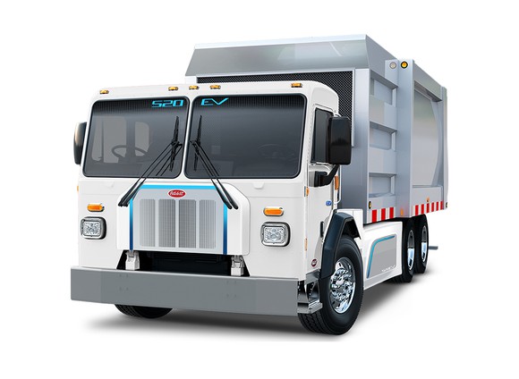 A rendering of a Peterbilt electric garbage truck. 