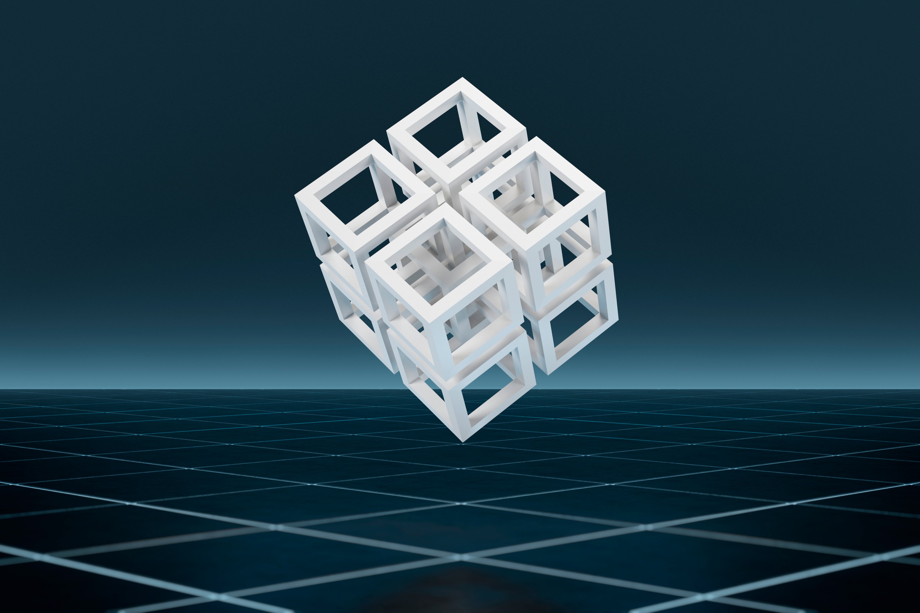 Cubic block levitating in space. 