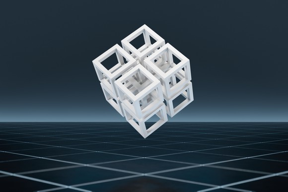 Cubic block levitating in space.