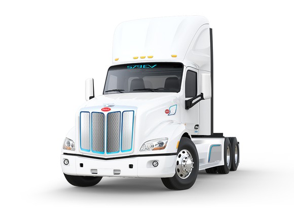 A rendering of a Peterbilt 579EV, a battery-electric semi truck. 
