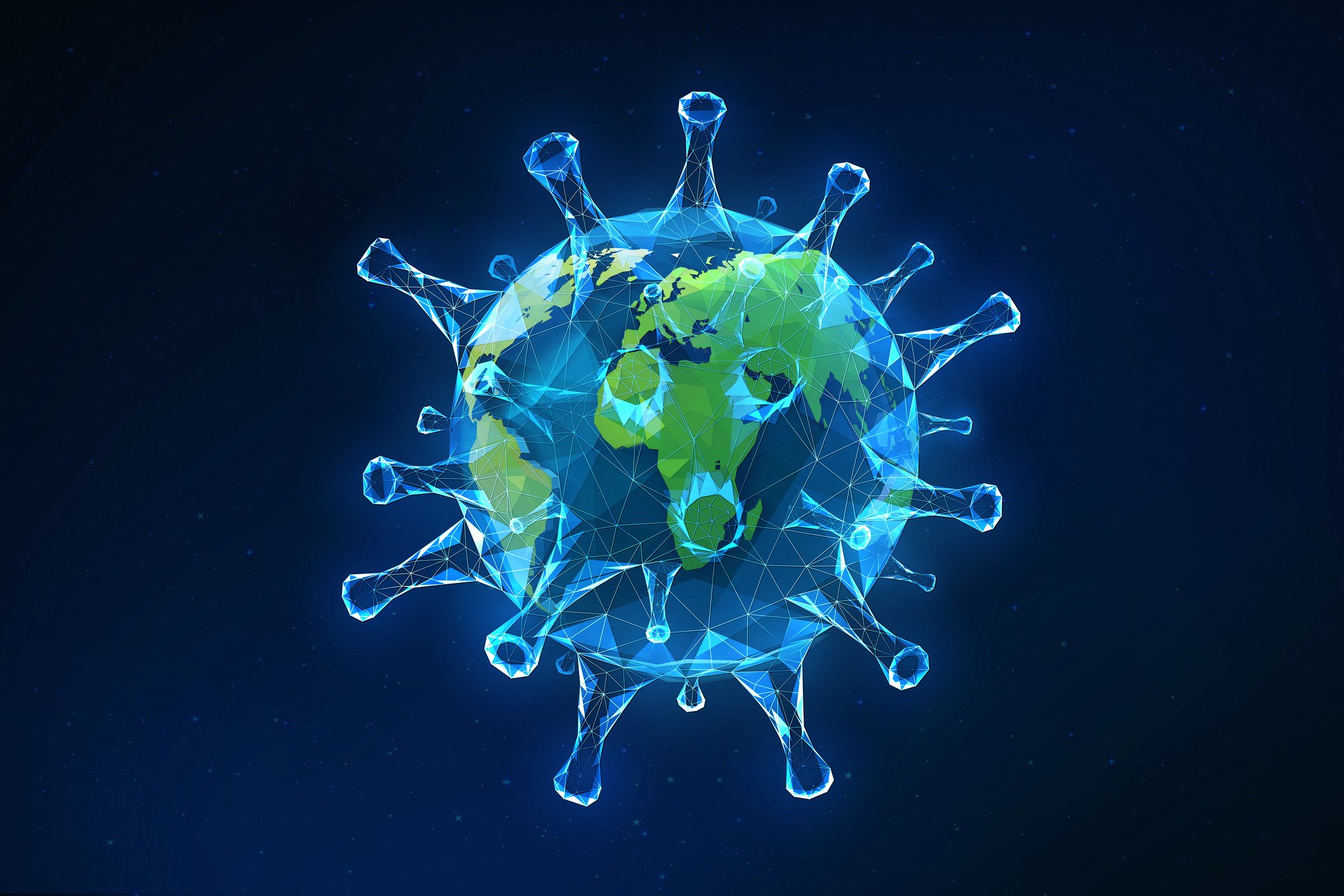 An image  of the earth inside an image of the coronavirus.