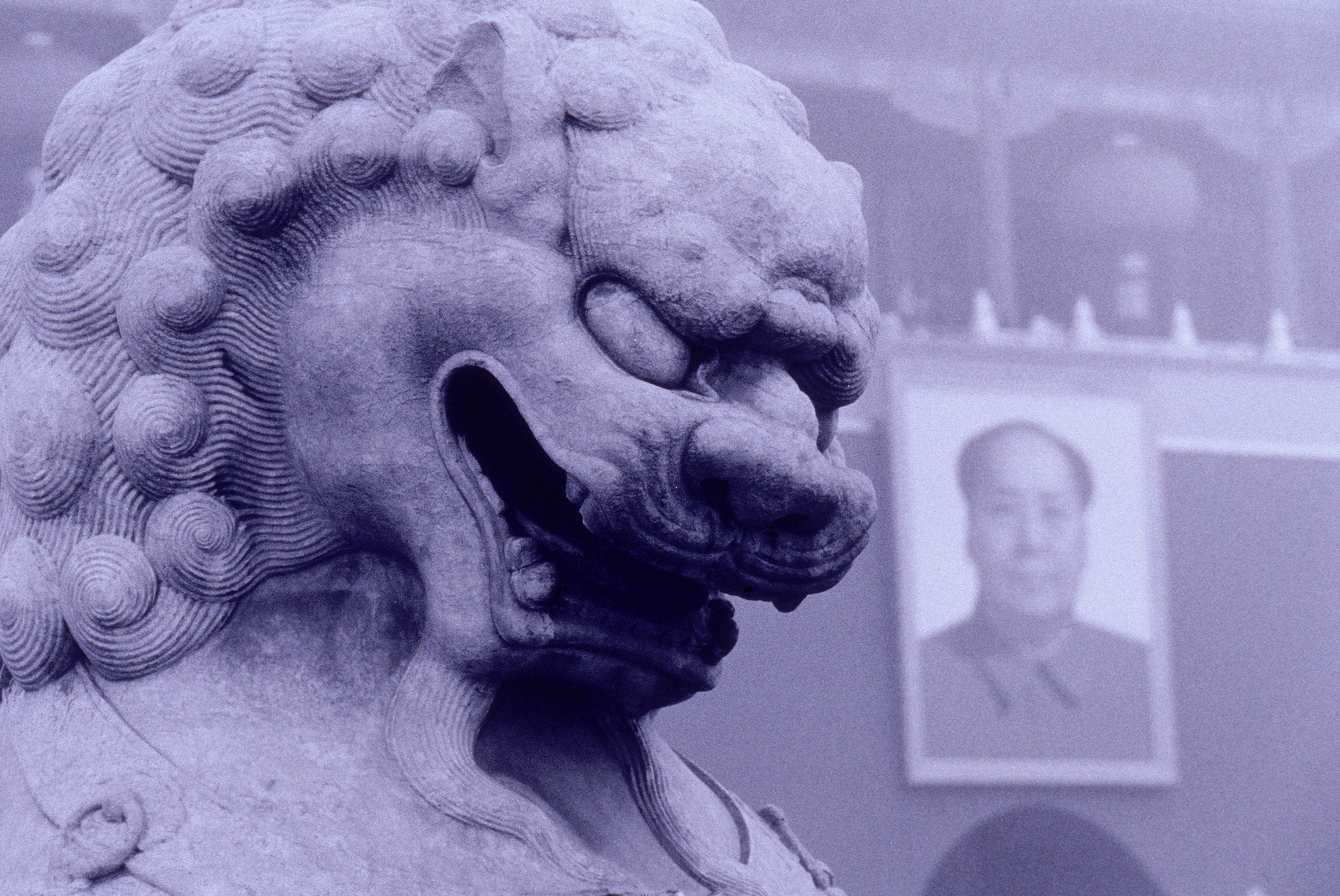 A gloomy image of a lion gargoyle overlooking Tiananmen Square. 