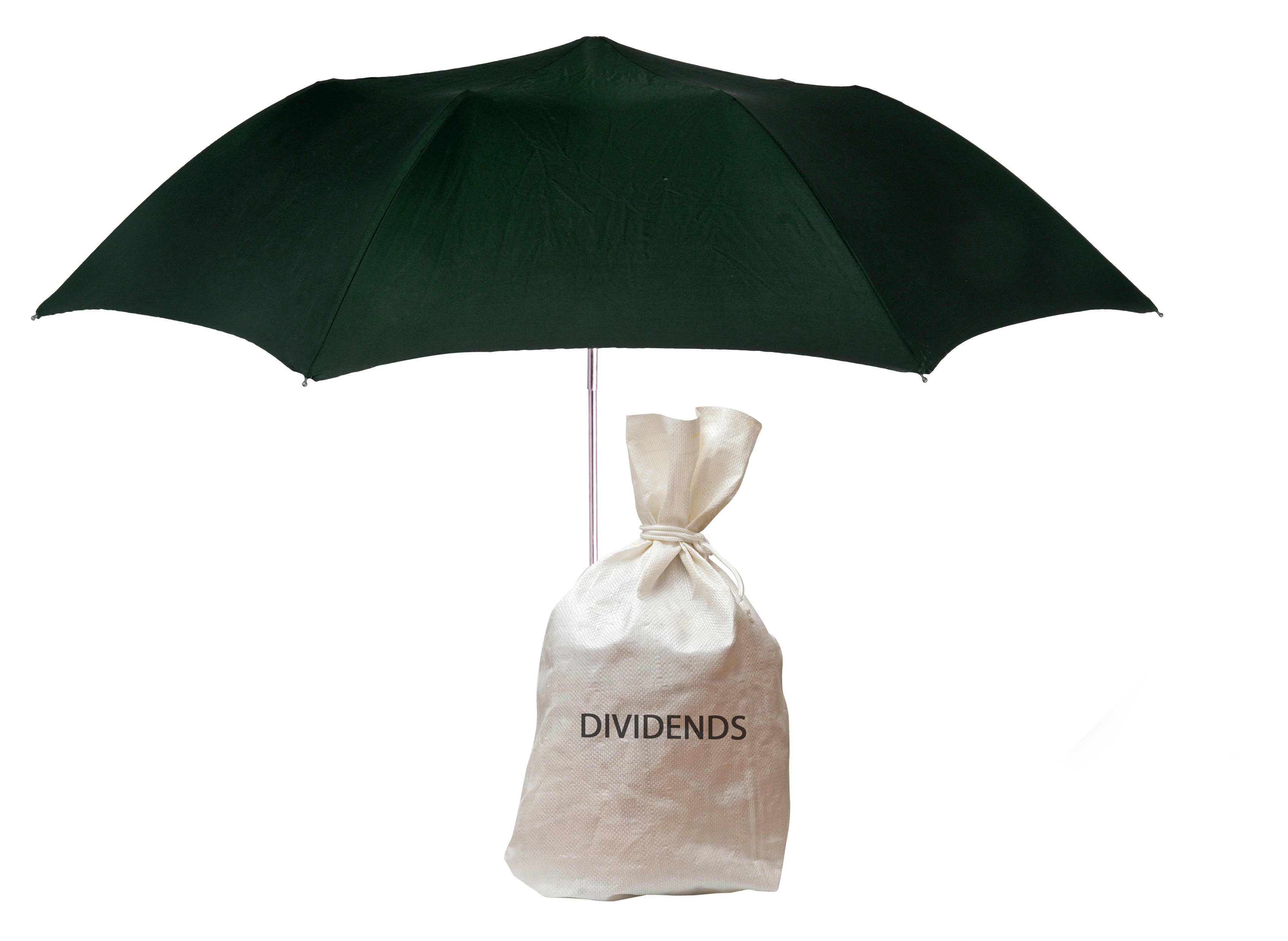 A bag with "dividends" printed on it beneath an umbrella.