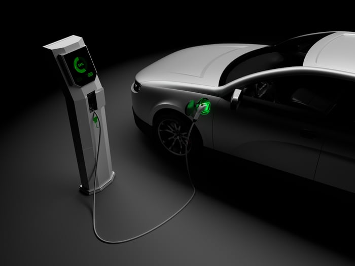 A white electric car charging its battery with a green light coming from charging port.