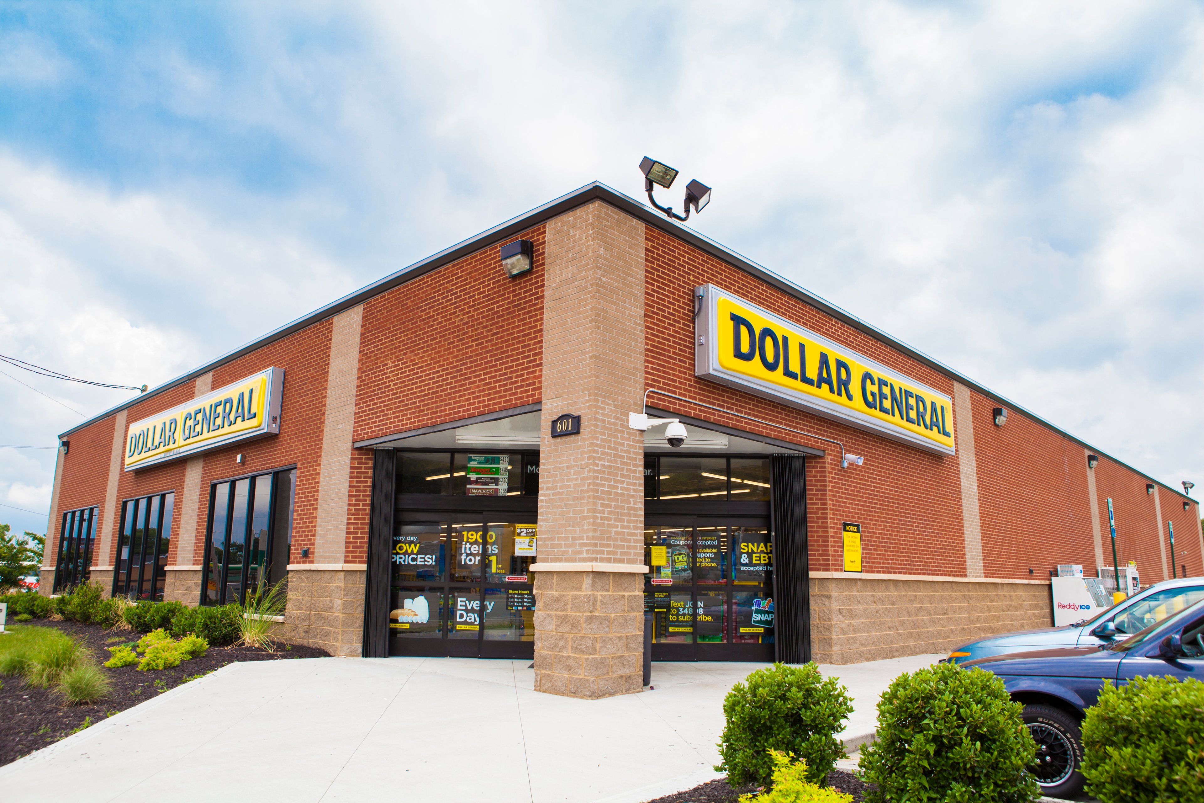 An exterior view of a Dollar General store.