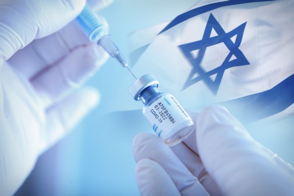 Gloved hands holding a syringe and a vaccine vial with an Israeli flag in the background.