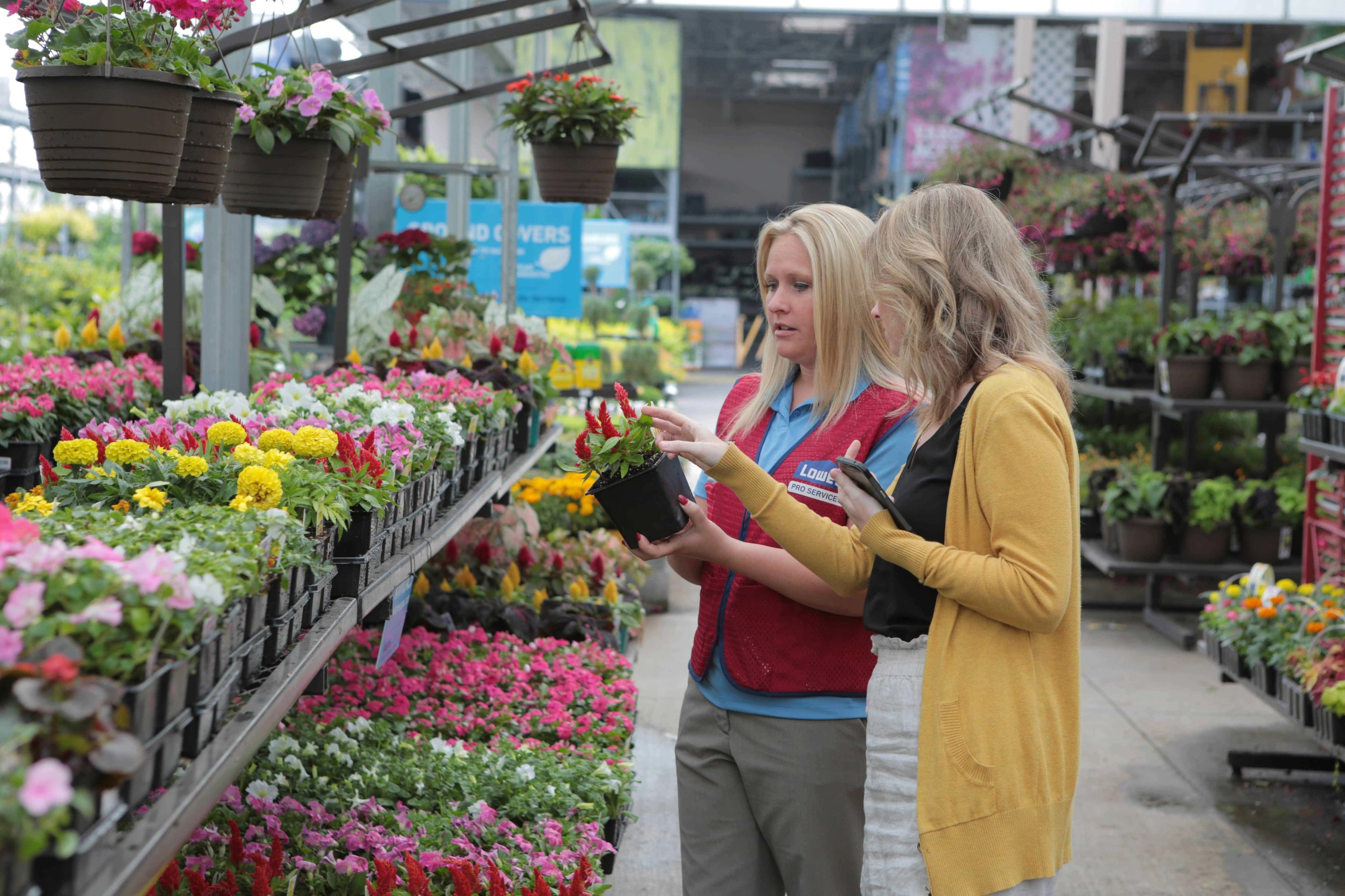 A Lowe's sales associate stands in an aisle of the gardening section of the store holding a plant while explaining something to a customer.