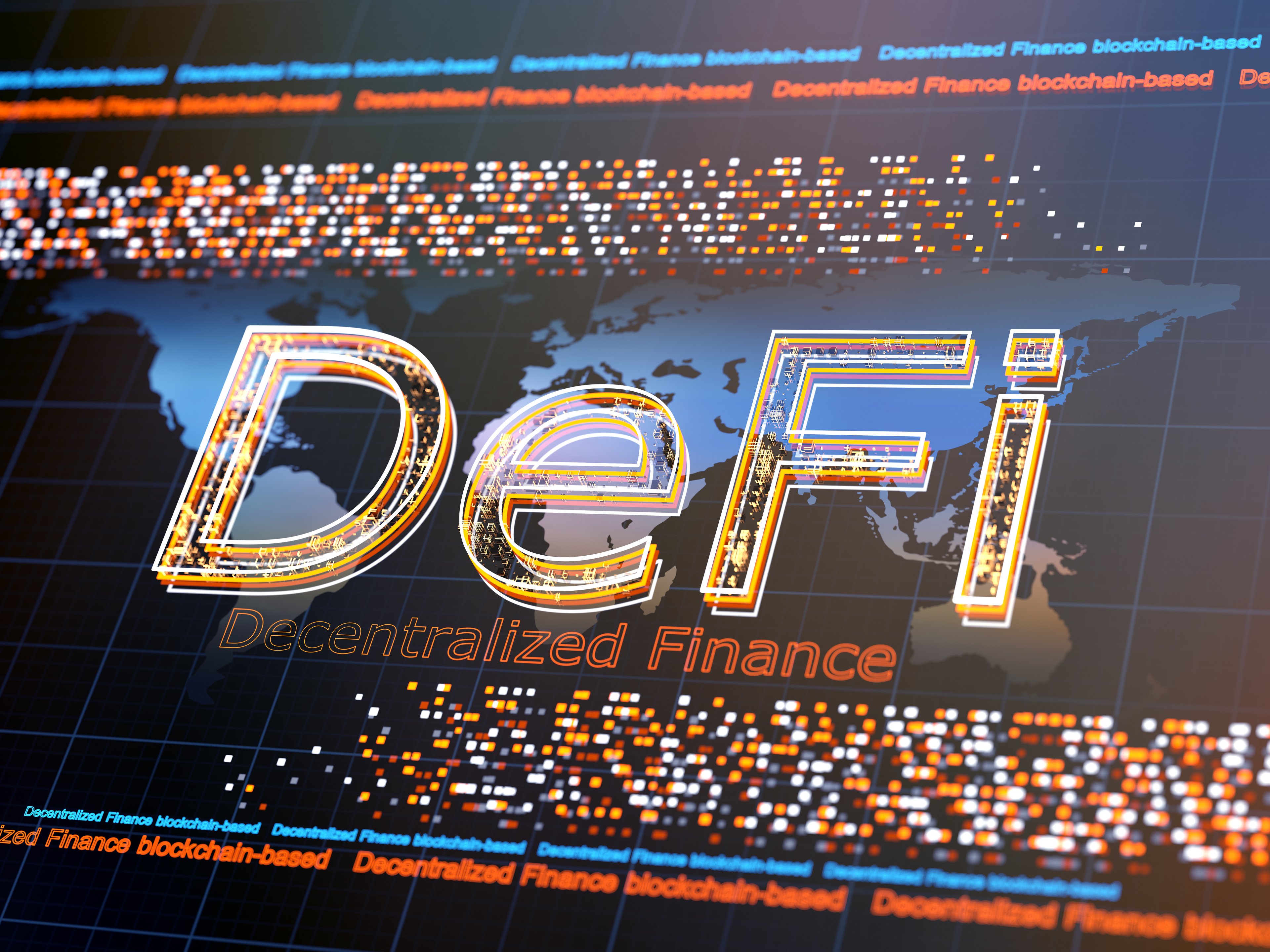 DeFi logo against the backdrop of a digital world map. 