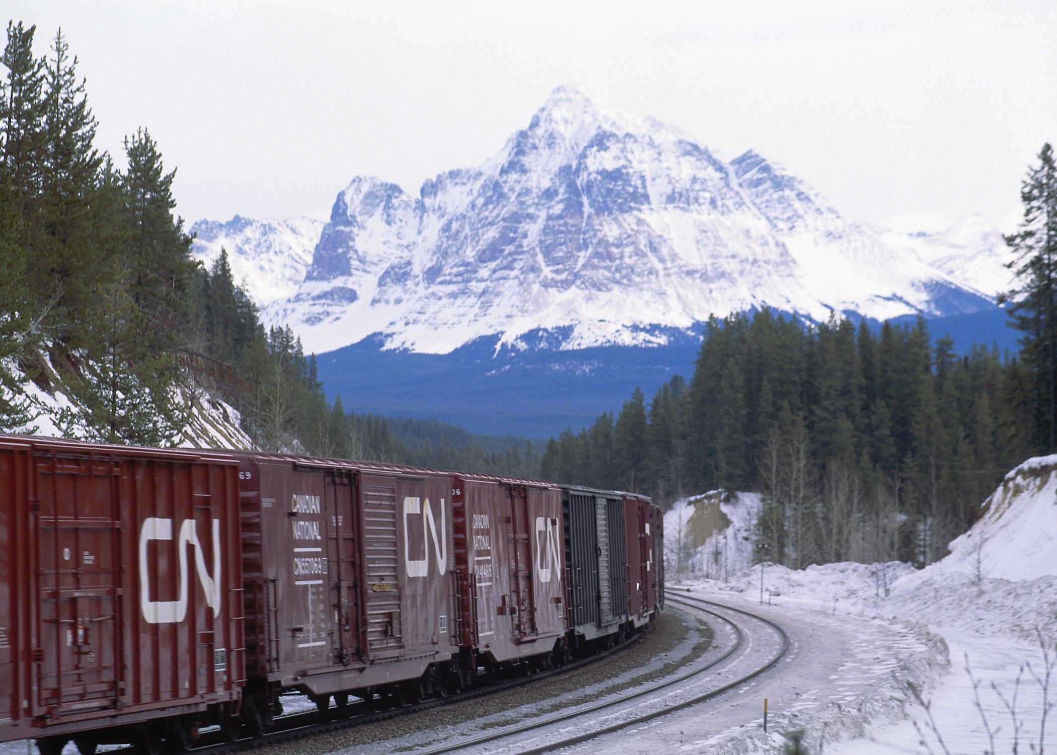 A Canadian National train goes through a mountain pass.