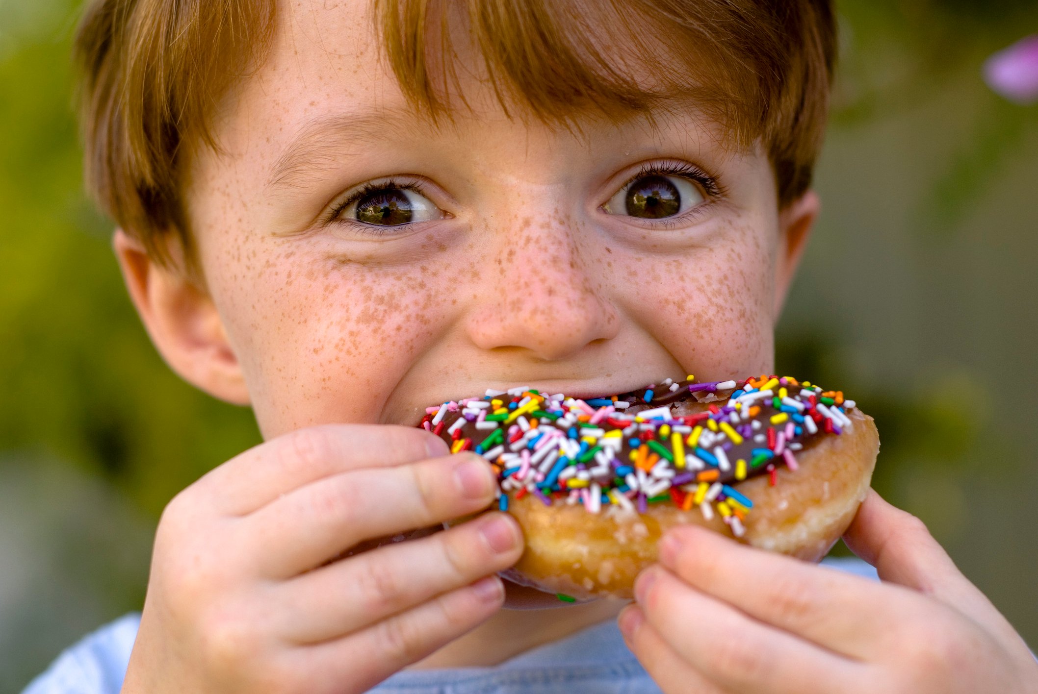 A boy biting into a sprinkle and cream donut.