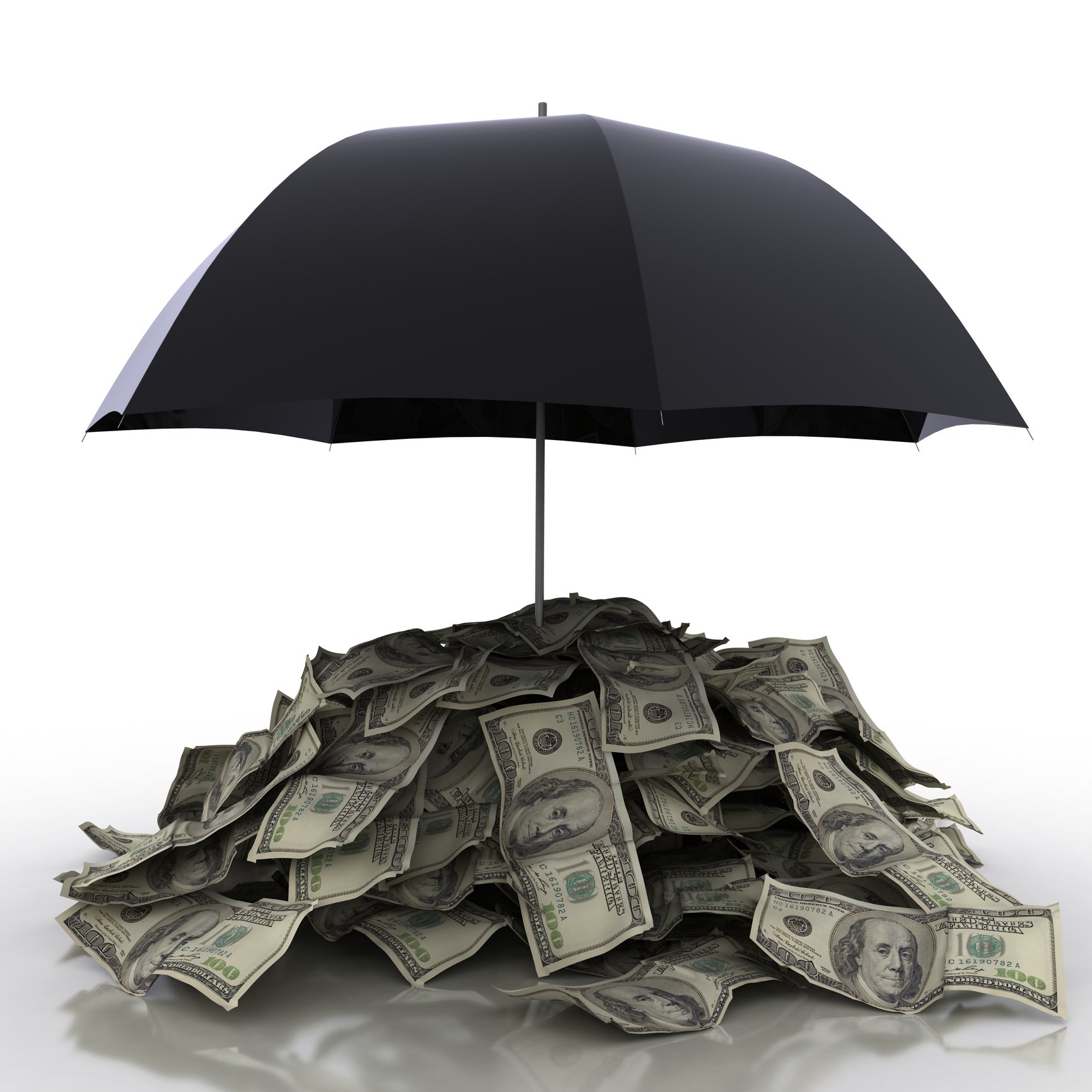 Black umbrella covering dollar bills