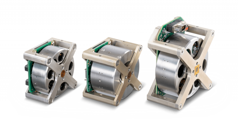 3 reaction wheels of various sizes.