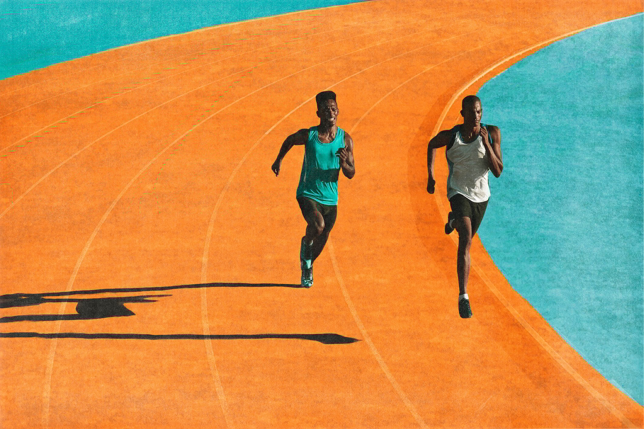 Two people running on a bright orange track with a light blue border.