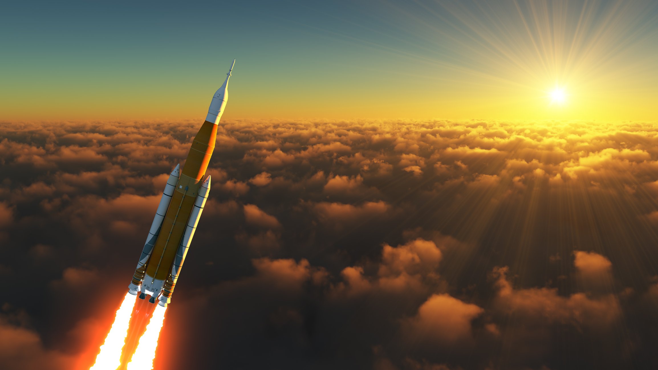 The sun and a rocket blasting above the clouds.