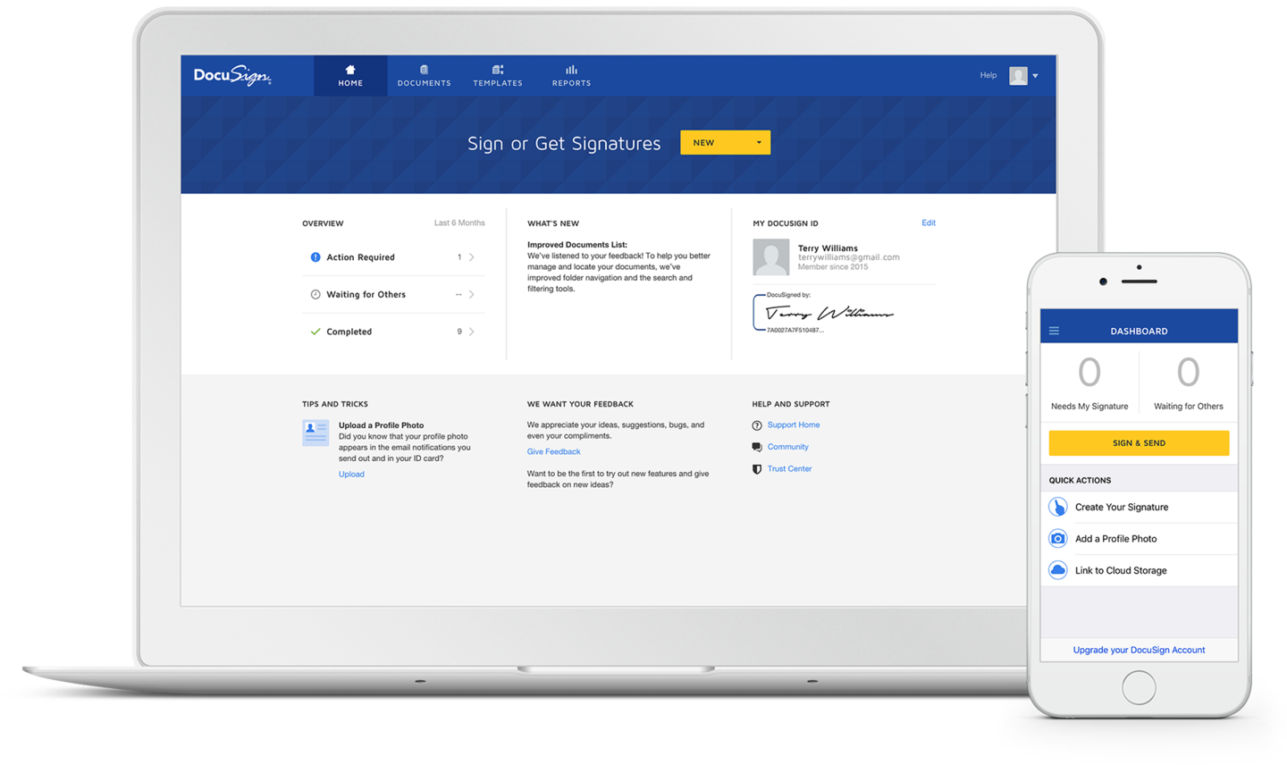 DocuSign's e-signature product on a laptop and smartphone.