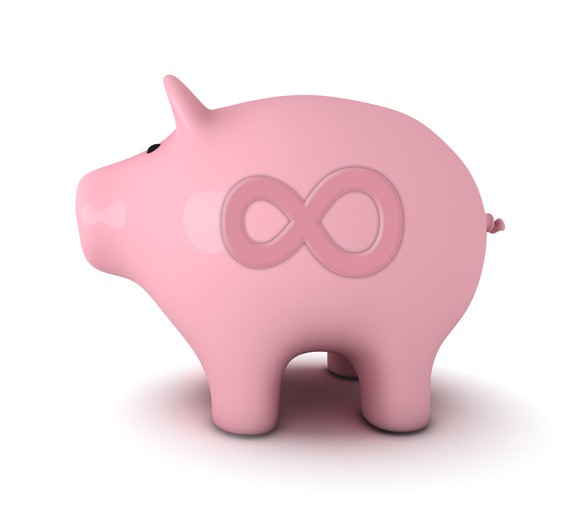 A piggy bank with an infinity symbol on it.