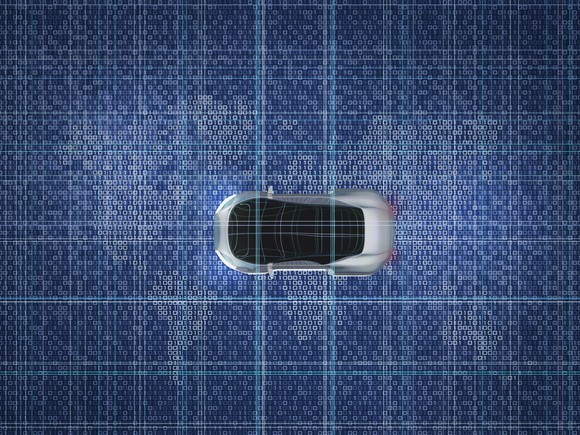 A car overlaid on a binary cyber network. 